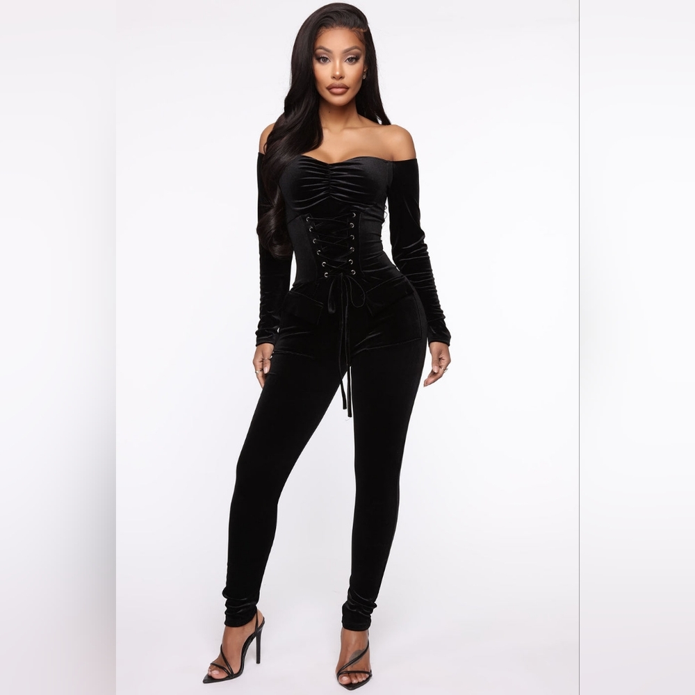 Fashion Nova black velvet jumpsuit